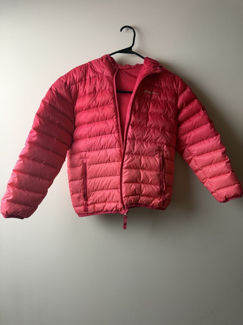 Eddie Bauer Girls Down Reversible Hooded Puffer Jacket Pink Medium 10-12